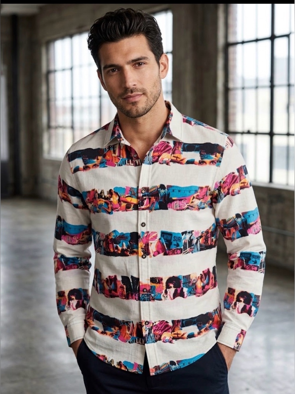 Bar III Men’s Graphic Novelty Print Button Down Shirt Made in India 100% Cotton